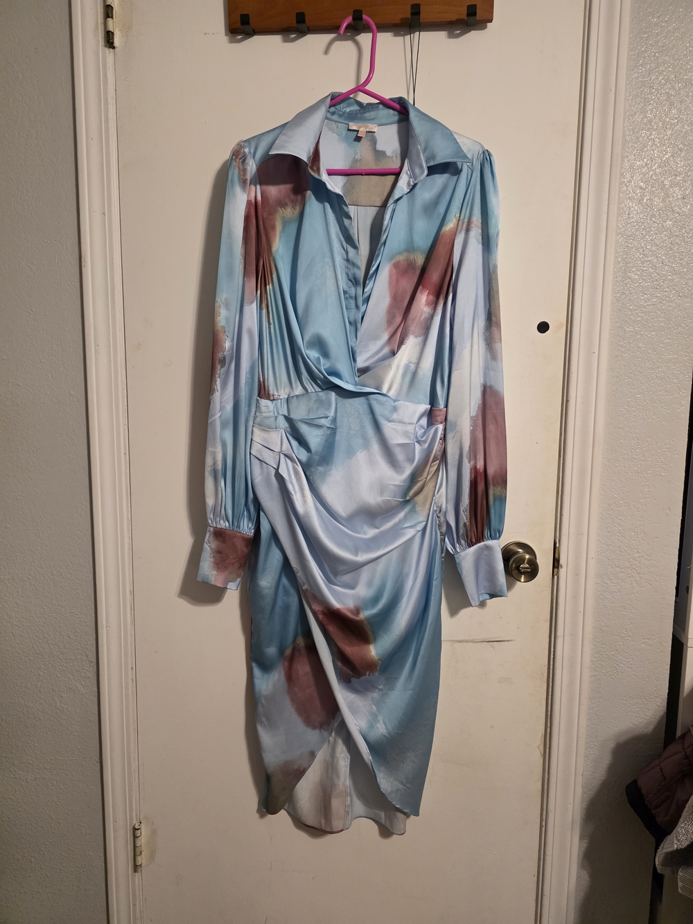 Satin Wrap-Front Light Blue Floral Midi Dress